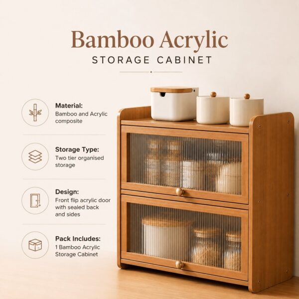2-Tier Bamboo Acrylic Multipurpose Storage Cabinet with Translucent Flip Door