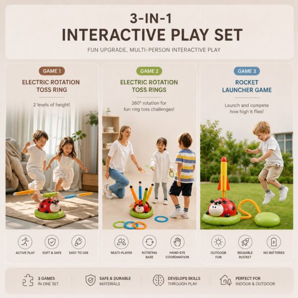 Homero 3 in 1 Musical Jump/Toss Ring/Rocket Launcher Toy for Kids