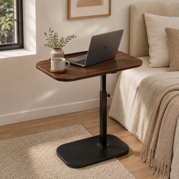 360° Swivel Adjustable C Shape Wooden Top Side Table