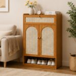 Bamboo Shoe Storage Cabinet with Rattan Mesh Doors and Drawer