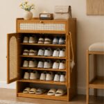 Bamboo Shoe Storage Cabinet with Rattan Mesh Doors and Drawer