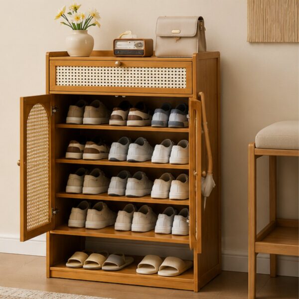Bamboo Shoe Storage Cabinet with Rattan Mesh Doors and Drawer