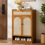 Bamboo Shoe Storage Cabinet with Rattan Mesh Doors and Drawer