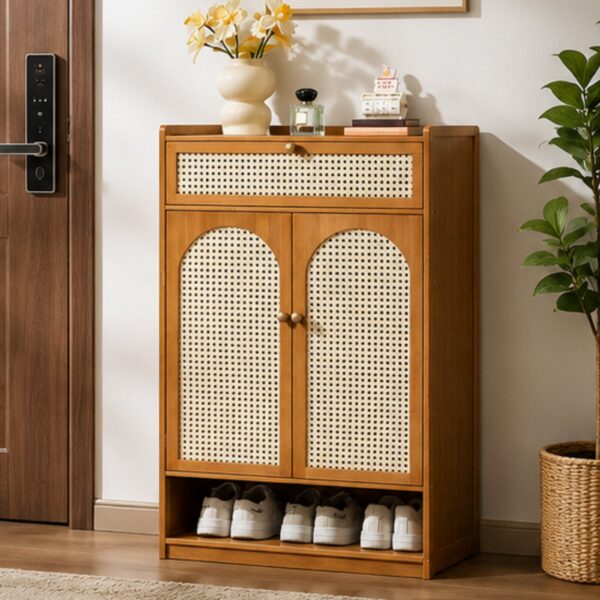 Bamboo Shoe Storage Cabinet with Rattan Mesh Doors and Drawer