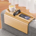 Bamboo Sofa Armrest Tray with Detachable Cup Holder