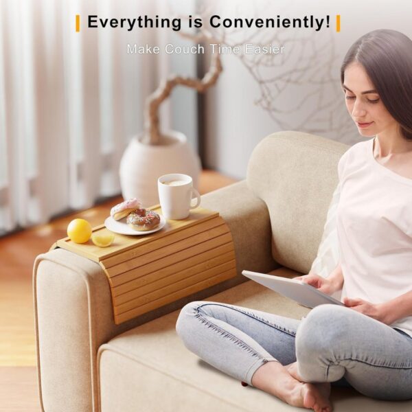 Bamboo Sofa Armrest Tray with Detachable Cup Holder