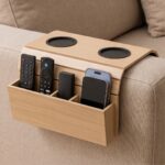 Flexible Wooden Sofa Armrest Tray Table With Dual Cup Holders And Remote Storage