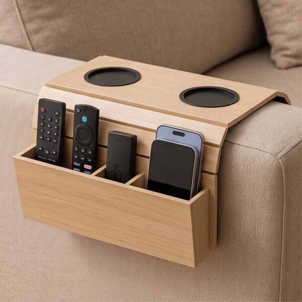 Flexible Wooden Sofa Armrest Tray Table With Dual Cup Holders And Remote Storage