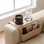 Flexible Wooden Sofa Armrest Tray Table With Dual Cup Holders And Remote Storage