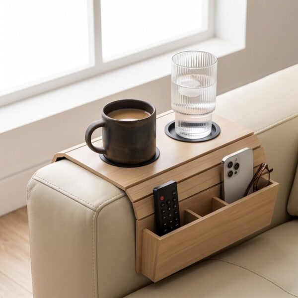 Flexible Wooden Sofa Armrest Tray Table With Dual Cup Holders And Remote Storage