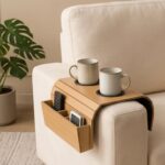 Flexible Wooden Sofa Armrest Tray Table With Dual Cup Holders And Remote Storage