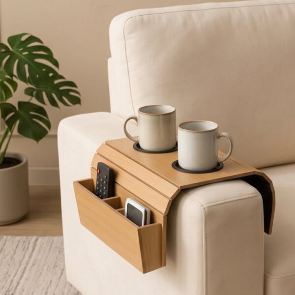 Flexible Wooden Sofa Armrest Tray Table With Dual Cup Holders And Remote Storage