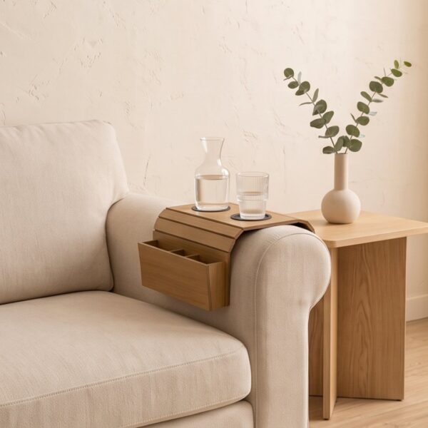 Flexible Wooden Sofa Armrest Tray Table With Dual Cup Holders And Remote Storage