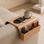 Flexible Wooden Sofa Armrest Tray Table With Dual Cup Holders And Remote Storage