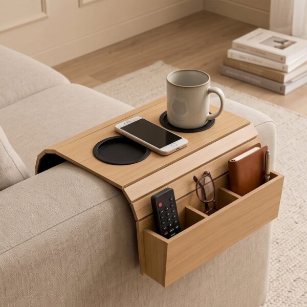 Flexible Wooden Sofa Armrest Tray Table With Dual Cup Holders And Remote Storage
