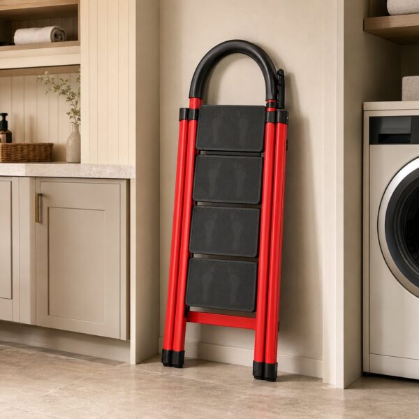 Foldable Carbon Steel Four Step Ladder with Handrail and Tool Tray