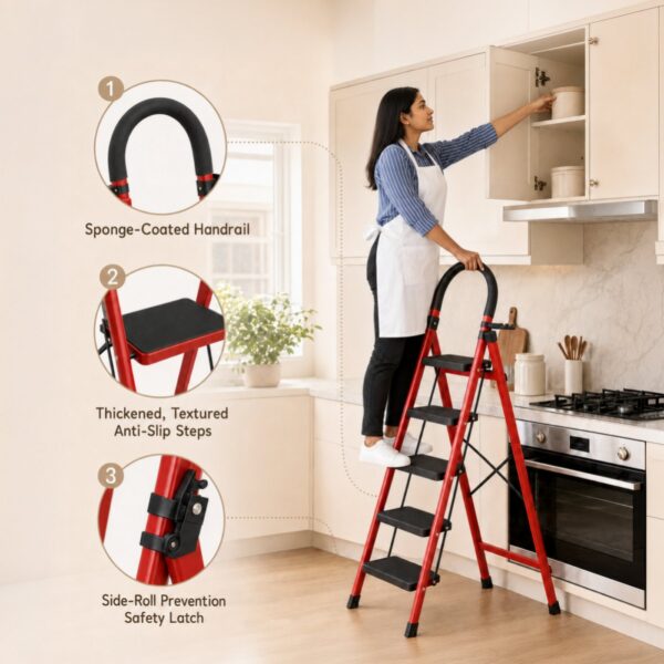 Foldable Carbon Steel Four Step Ladder with Handrail and Tool Tray