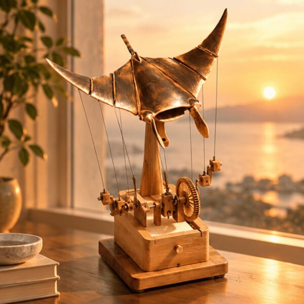 Handcrafted Wooden Manta Ray Automation Kinetic Art Sculpture
