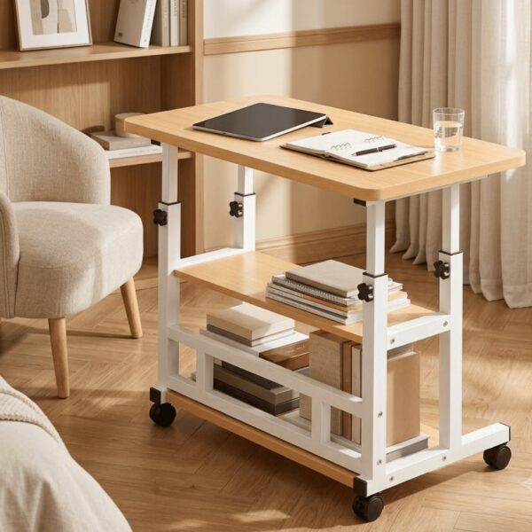Height Adjustable Rolling Laptop Desk with Storage Shelves