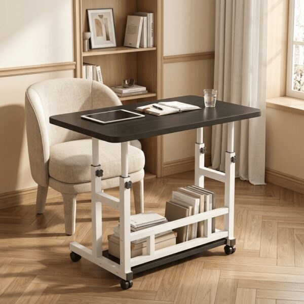 Height Adjustable Rolling Laptop Desk with Storage Shelves