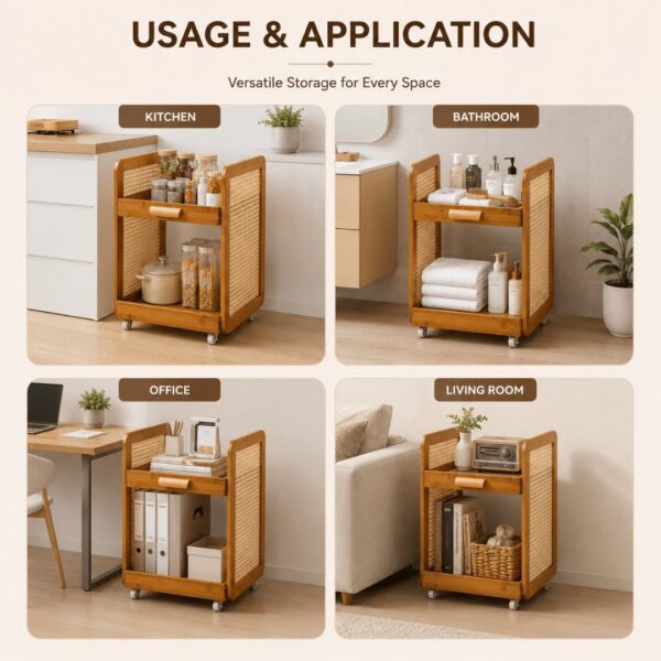 Homero 2 Layer Adjustable Bamboo Side Cabinet with 360 Degree Wheels