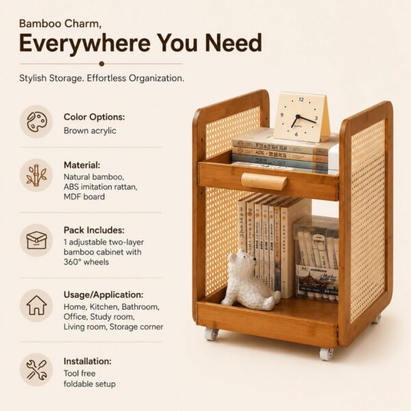 Homero 2 Layer Adjustable Bamboo Side Cabinet with 360 Degree Wheels