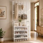 HOMERO 4-Tier Double Row Hooks Coat Rack with Shoe Storage