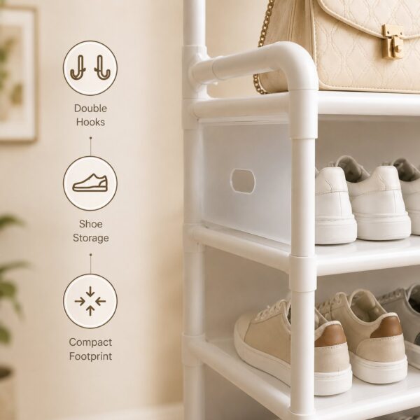 HOMERO 4-Tier Double Row Hooks Coat Rack with Shoe Storage