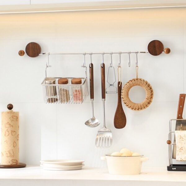 Walnut Stainless Steel No-Drill Kitchen Organizer with Hooks