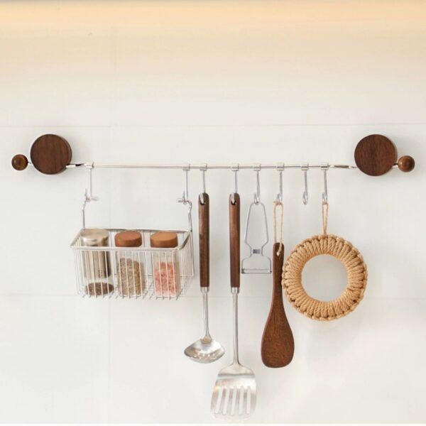 Walnut Stainless Steel No-Drill Kitchen Organizer with Hooks