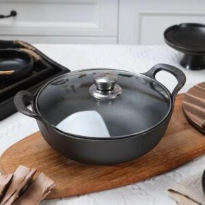 HOMERO Cast Iron Non Stick Kadai with Glass Lid - 25cm Cooking Size