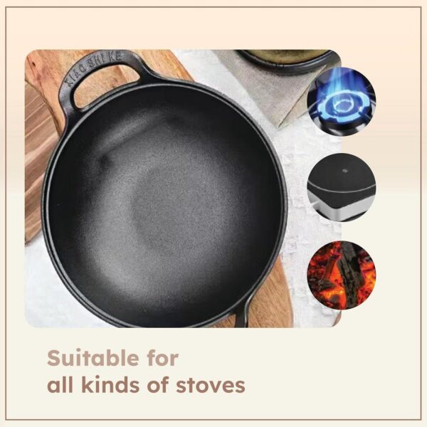 HOMERO Cast Iron Non Stick Kadai with Glass Lid - 25cm Cooking Size