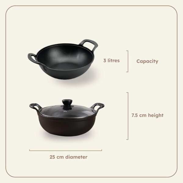 HOMERO Cast Iron Non Stick Kadai with Glass Lid - 25cm Cooking Size