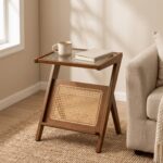 Elegant Z-Shape Boho Wooden Side Table with Toughened Glass Top