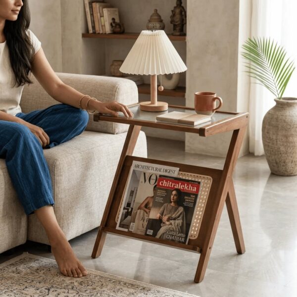Elegant Z-Shape Boho Wooden Side Table with Toughened Glass Top