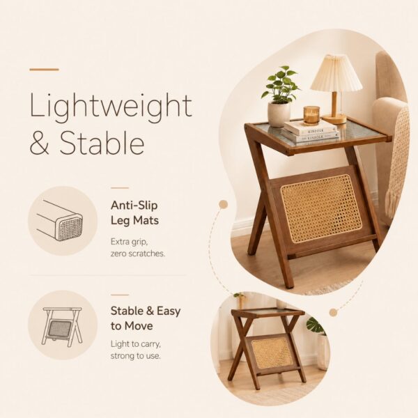 Elegant Z-Shape Boho Wooden Side Table with Toughened Glass Top