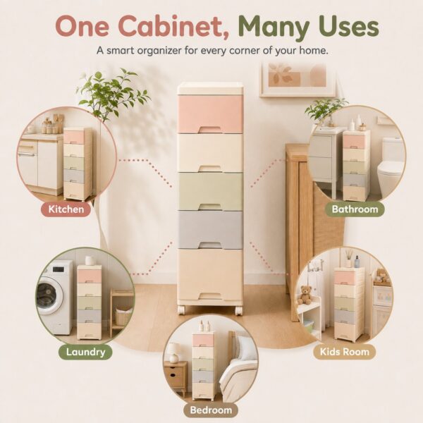 Homero Multi-Purpose Multicolor Slim Storage Cabinet with Wheels