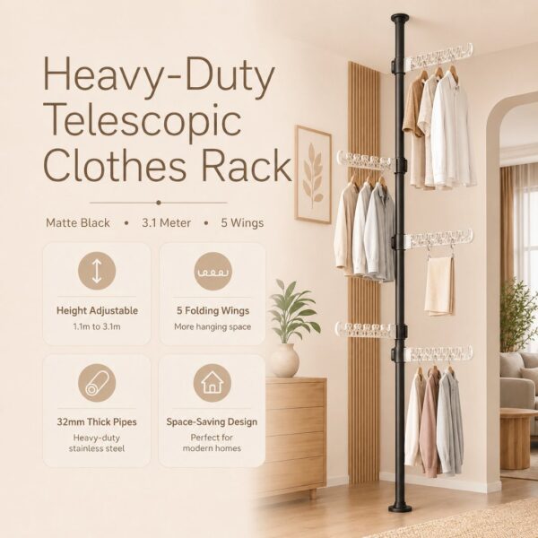 Homero Multi-Wing Heavy-Duty Telescopic Clothes Rack - Matte Black 3.1 Meter