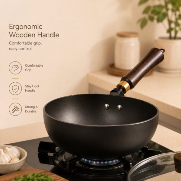 Homero Premium Iron Frying Wok Pan with Glass Lid - 24CM Black