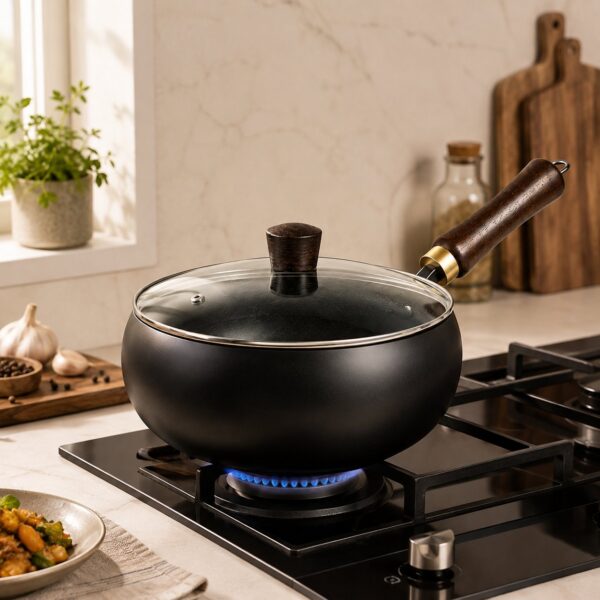 Homero Premium Iron Frying Wok Pan with Glass Lid - 24CM Black