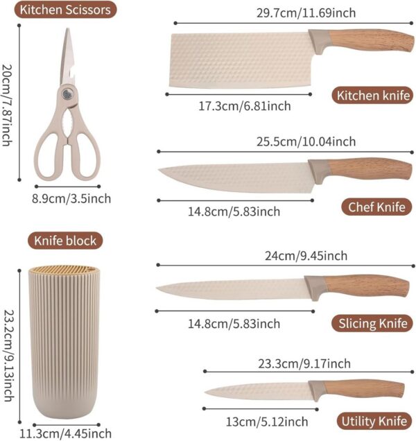 Homero Premium Khaki Kitchen Knife Set With Stylish Knife Block - 6 Piece Set