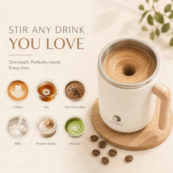 Homero Stainless Steel Automatic Stirring Mug with Wooden Handle - 420ml