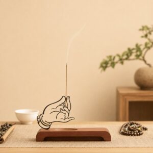 Homero Wooden Base Zen Metal Hand Incense Holder - 16cm
