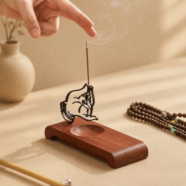 Homero Wooden Base Zen Metal Hand Incense Holder - 16cm