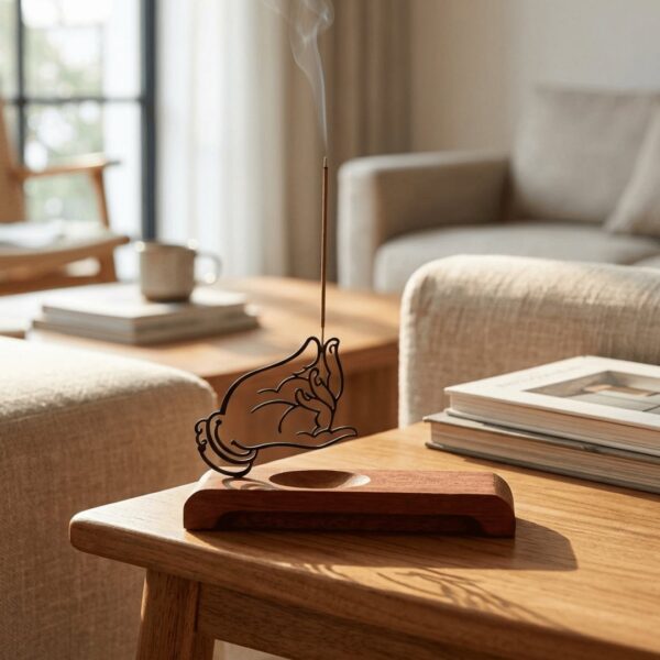 Homero Wooden Base Zen Metal Hand Incense Holder - 16cm